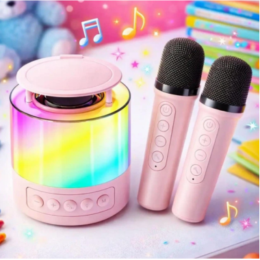 Портативная колонка K19 Bluetooth с LED-подсветкой и 2 микрофонами, караоке Розовая