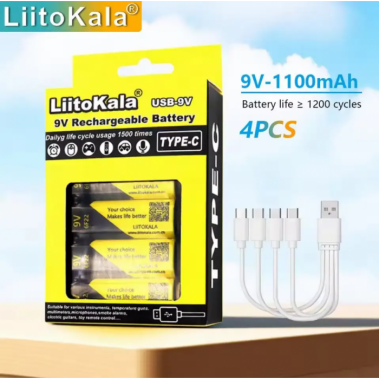 Набор аккумуляторов LiitoKala Lii-USB-9V 4 шт 1100 мАч с USB Type-C с кабелем зарядки