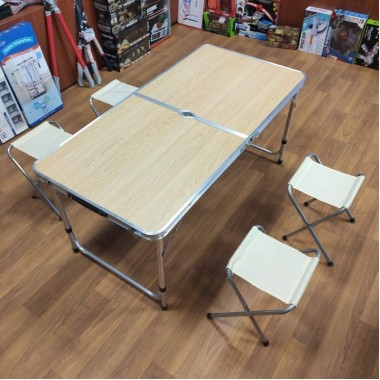 УЦЕНКА Стол для пикника походной раскладной со 4 стульями Folding Table 120х60х55/60/70 см 3 режима высоты Светлый