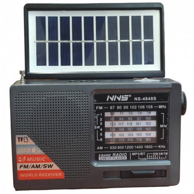 Радиоприёмник с солнечной панелью FM USB MicroSD и фонариком NS-4848S на аккумуляторе Серый