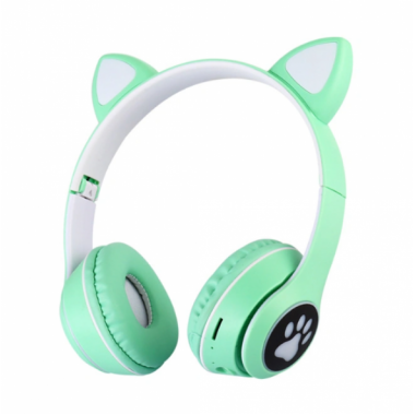 Беспроводные наушники с кошачьими ушками и RGB подсветкой FM радио, micro SD Cat MZ-023 Бирюзовые