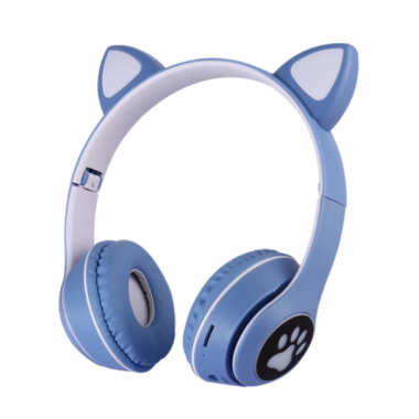 Беспроводные наушники с кошачьими ушками и RGB подсветкой FM радио, micro SD Cat MZ-023 Синие