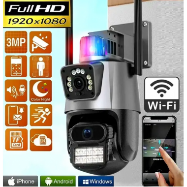 Уличная охранная WIFI камера видеонаблюдения Dual Lens Поворотная камера наблюдения с сиреной