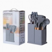 Силиконовый кухонный набор принадлежностей с деревянной ручкой Kitchenware Set 19 предметов Серый
