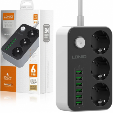 Сетевой фильтр удлинитель 3 розетки с 6 USB 2м с защитой с заземлением LDNIO SE3631 2500W 10A