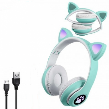 Беспроводные наушники с кошачьими ушками и RGB подсветкой Cat YR-28 Бирюзовые