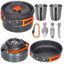 Набор туристической металлической посуды для походов Camping cooking DM 308 с карабином Черный с оранжевым Набор туристической металлической посуды для походов Camping cooking DM 308 с карабином Черный с оранжевым