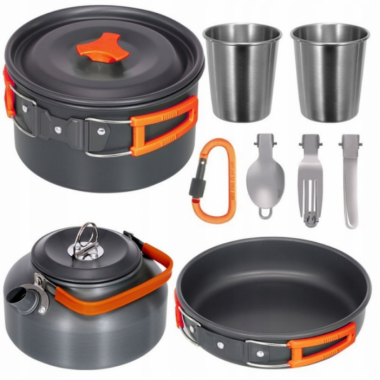 Набор туристической металлической посуды для походов Camping cooking DM 308 с карабином Черный с оранжевым