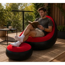 Надувное кресло диван 2в1 с пуфиком для ног A-Sofa до 150 кг с насосом Чёрный с красным Надувное кресло диван 2в1 с пуфиком для ног A-Sofa до 150 кг с насосом Чёрный с красным