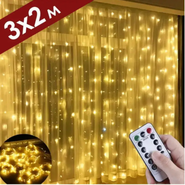 USB гирлянда штора 3х2 м (теплый белый) светодиодная с пультом Гирлянды от повербанка 200 LED диодов