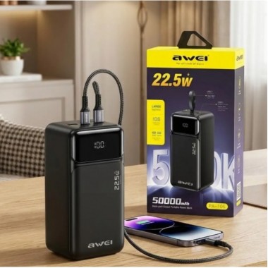 Внешний аккумулятор Power bank AWEI PA106 50000 мАч 22.5 Вт быстрая зарядка Черный