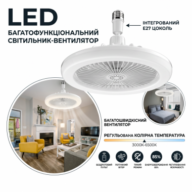 Лампа-вентилятор в патрон Е27 + пульт, Белая / LED люстра с вентилятором / Потолочный лед вентилятор