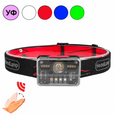 Фонарь налобный аккумуляторный M-006 XPG+8SMD+4SMD с сенсорным управлением, красный, синий, зеленый, белый, ультрофиолет