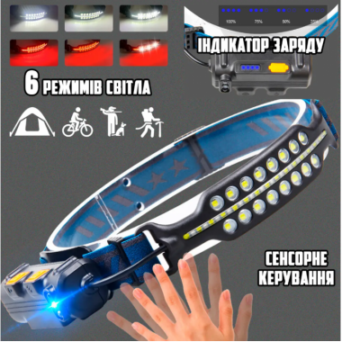 Фонарь налобный Bailong BL W690-2 аккумуляторный с датчиком движения и красным светом
