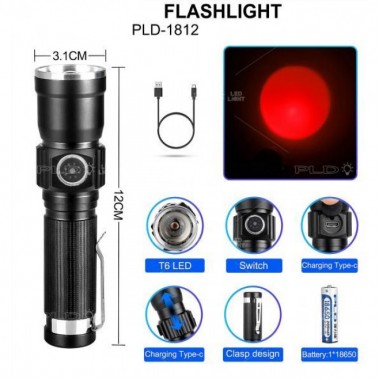 Тактический фонарь Bailong PLD-1812-T6 с красным светом 1х18650, З/У USB -Type C