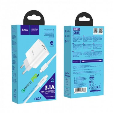 Сетевое зарядное устройство Hoco C80A Rapido PD18W+QC3.0 charger set Type-C to Lightning