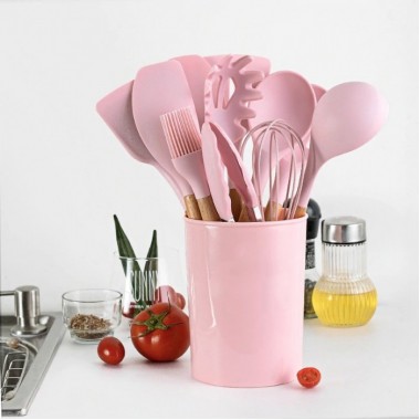 Набор кухонных принадлежностей 12 предметов силиконовый Kitchen Set Розовый