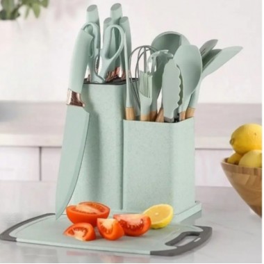 Силиконовый кухонный набор принадлежностей с деревянной ручкой Kitchenware Set 19 предметов Бирюзовый