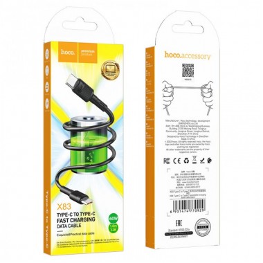 Кабель HOCO X83 Victory Type-C to Type-C 1м charging, ток до 3A для смартфонов 60W Чёрный