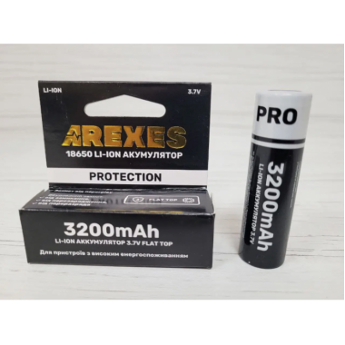 Литий-ионный аккумулятор Arexes 18650 Li-Ion 3200 mAh, 3.7V для приборов с высоким энергопотреблением защита Чёрный