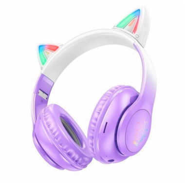 Наушники Hoco W42 Cat Ear Bluetooth с кошачьими ушками и LED подсветкой Фиолетовые с белым