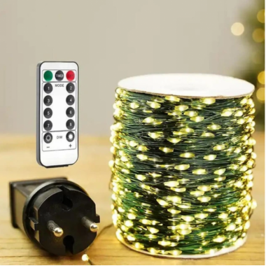 Светодиодная LED гирлянда "Роса" 120м 1200 Led теплый белый цвет, 8 режимов зеленая проволока 220V