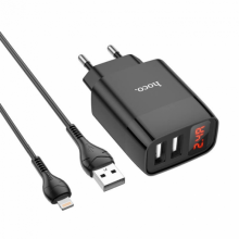 Зарядное устройство 220В 2 USB с кабелем USB - Lightning Hoco C86A Illustrious с экраном Чёрный Зарядное устройство 220В 2 USB с кабелем USB - Lightning Hoco C86A Illustrious с экраном Чёрный