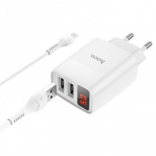 Зарядное устройство 220В 2 USB с кабелем USB - Micro USB Hoco C86A Illustrious с экраном Белый Зарядное устройство 220В 2 USB с кабелем USB - Micro USB Hoco C86A Illustrious с экраном Белый