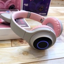 Беспроводные наушники с кошачьими ушками и RGB подсветкой CATear VZV-850M LED Серые с розовым