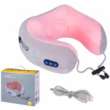 Массажная подушка для шеи U-shaped Massage pillow портативный массажер, вибромассажер для шеи Серая с Розовым
